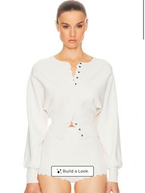 Scallop-Edge White Button-Front Sweatshirt
